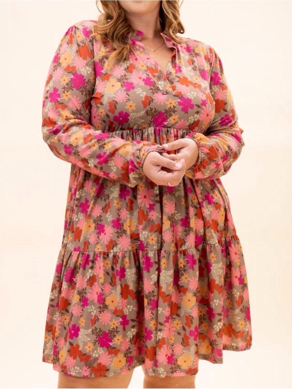 Heimish Floral Tiered Long Sleeve Dress - Pink & Orange SZ S